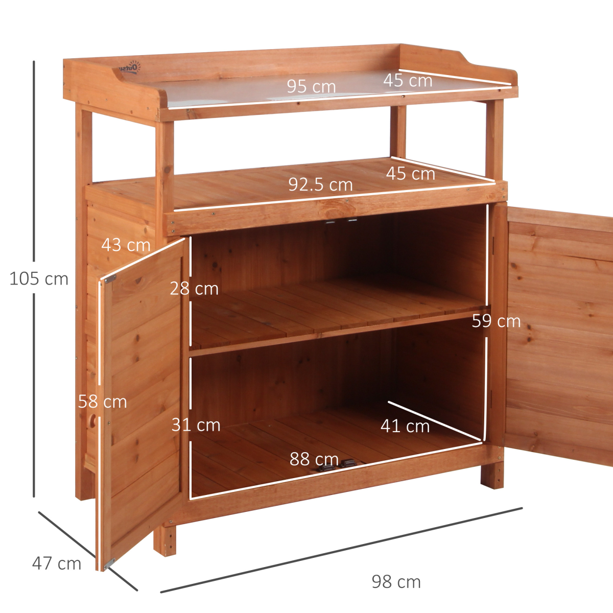 Outsunny 2-in-1 Potting Bench Table with Storage Cabinet and Galvanized Steel Tabletop