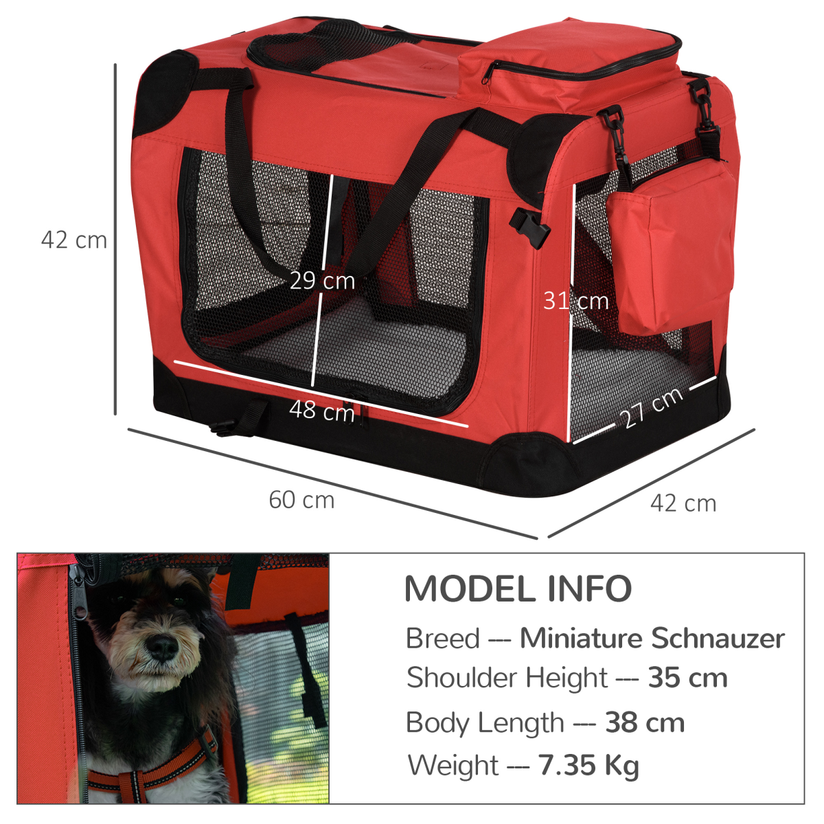 Pawhut Folding Soft Pet Carrier Bag with Mesh Windows and Carry Handles, 60 x 42 x 42 cm, Red