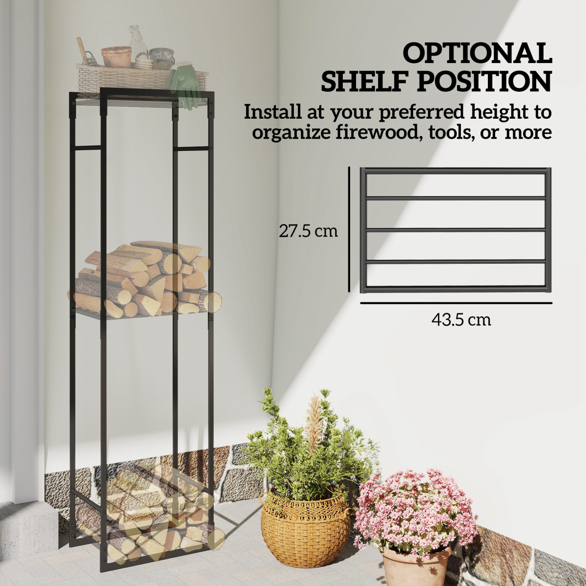 Outsunny Metal Firewood Rack with Adjustable Shelf, Black