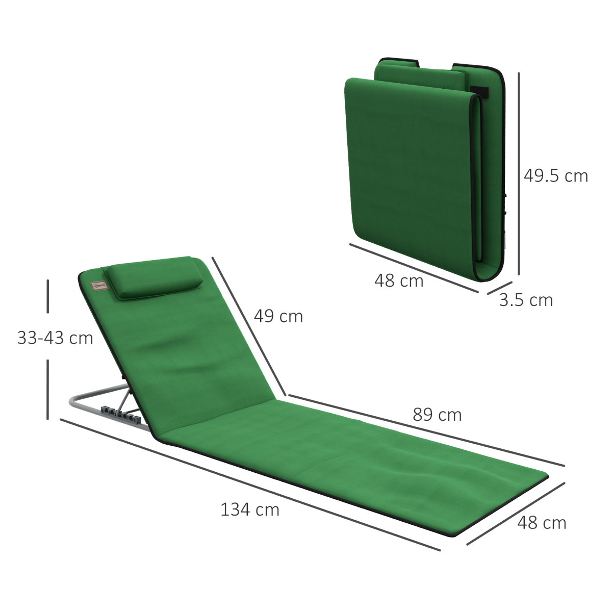 Outsunny 2-Piece Outdoor Beach Mat Set with Backrest, Steel Reclining Frame, Pillow
