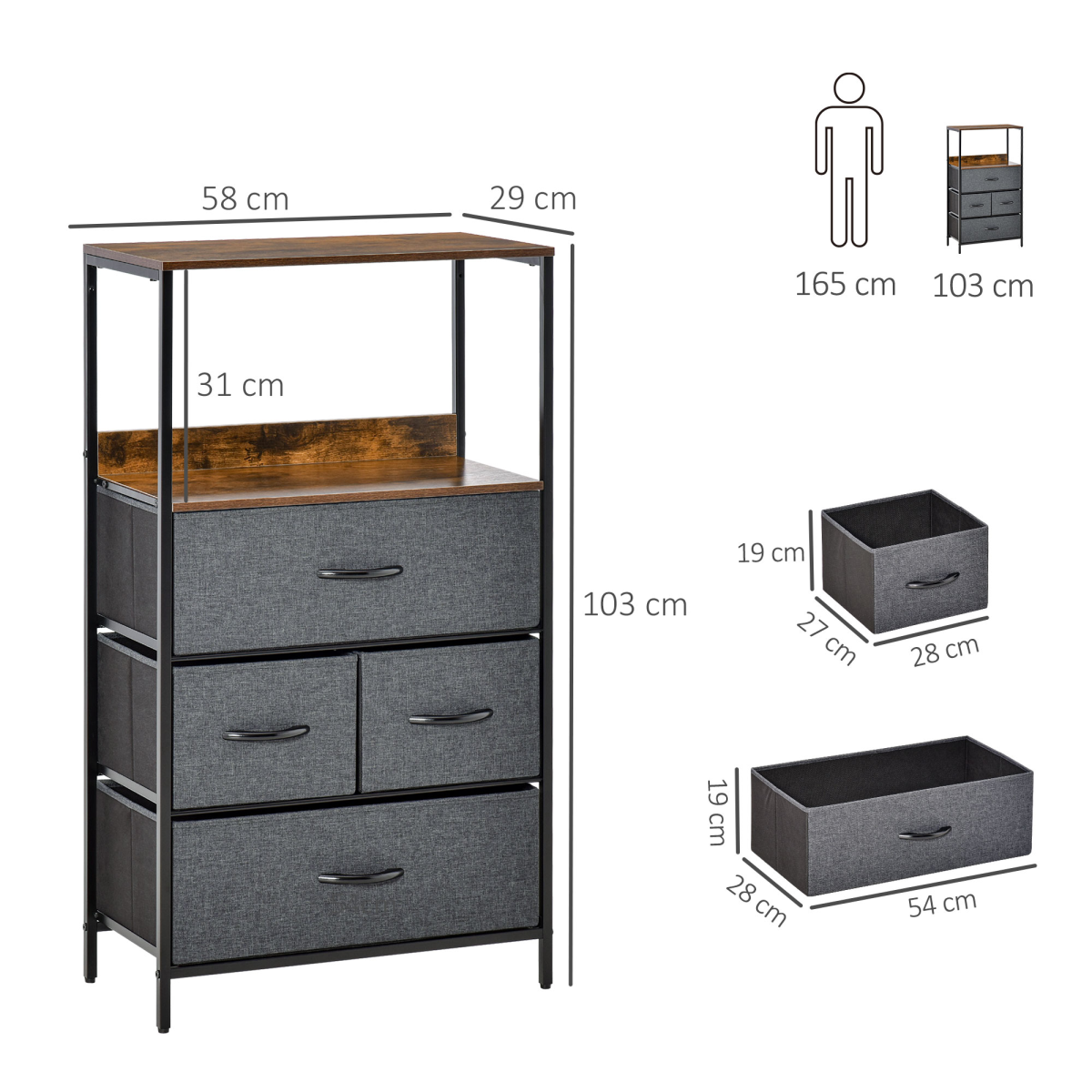 4 Drawer Storage Chest with Shelves, Black Metal Frame and Fabric Drawers