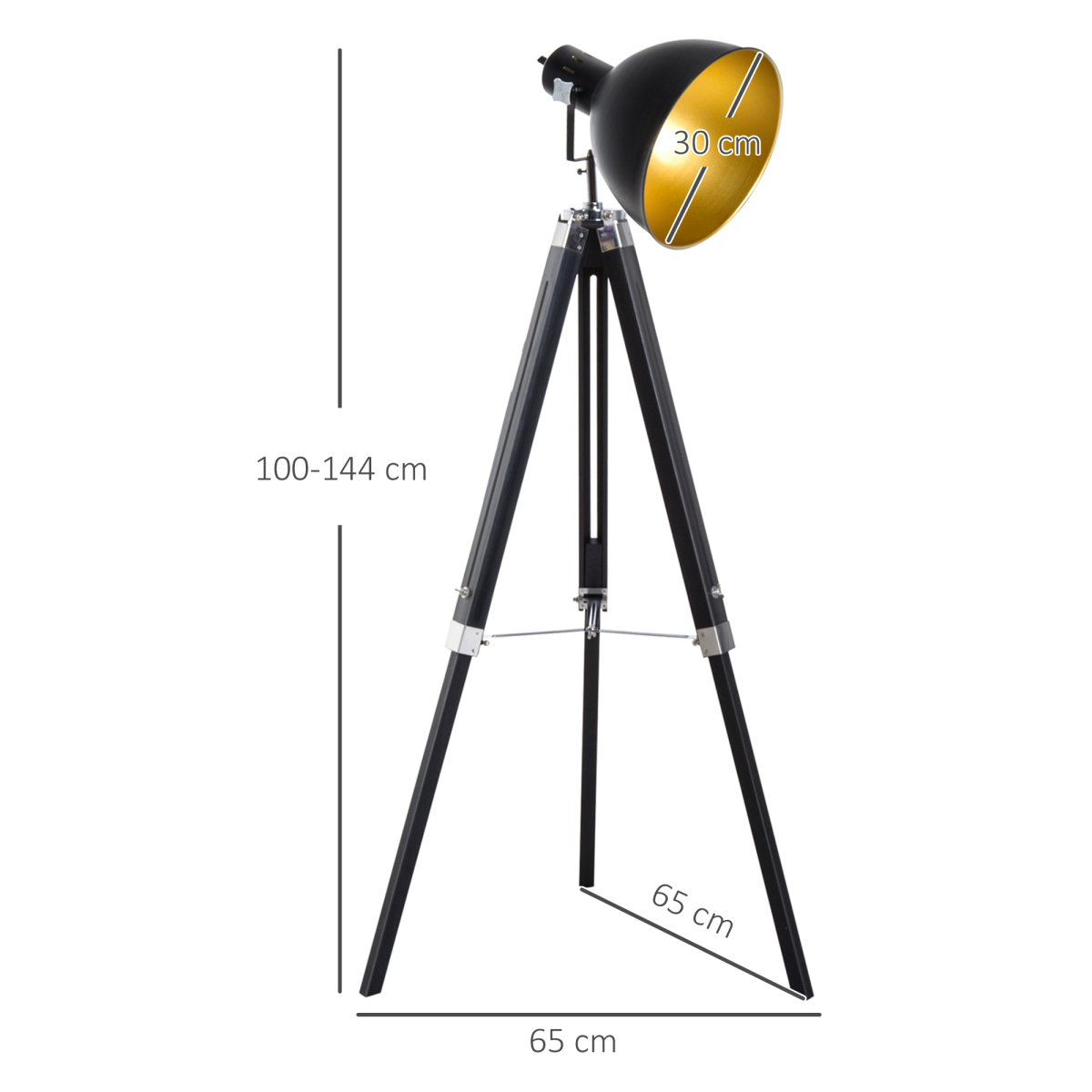 HOMCOM Retro Tripod Floor Lamp with Dome Shade, Pine Wood Legs, Adjustable Height, Black/Gold
