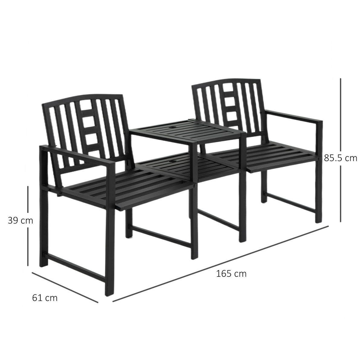 2-Seater Garden Bench with Middle Table, Slatted Patio Loveseat