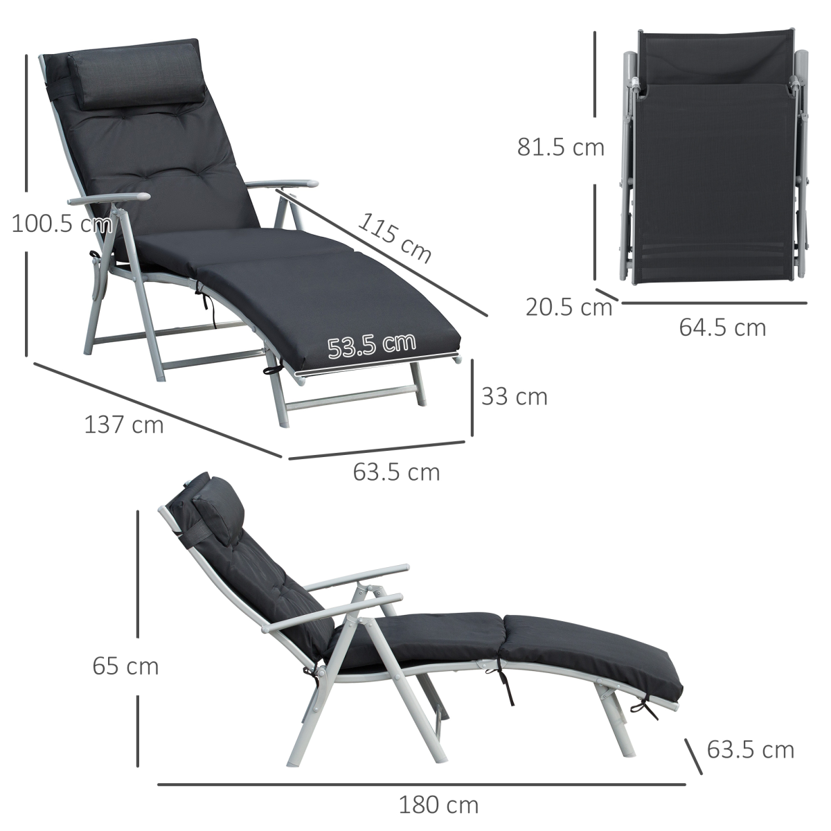 Outsunny Black Adjustable Padded Sun Lounger with Pillow