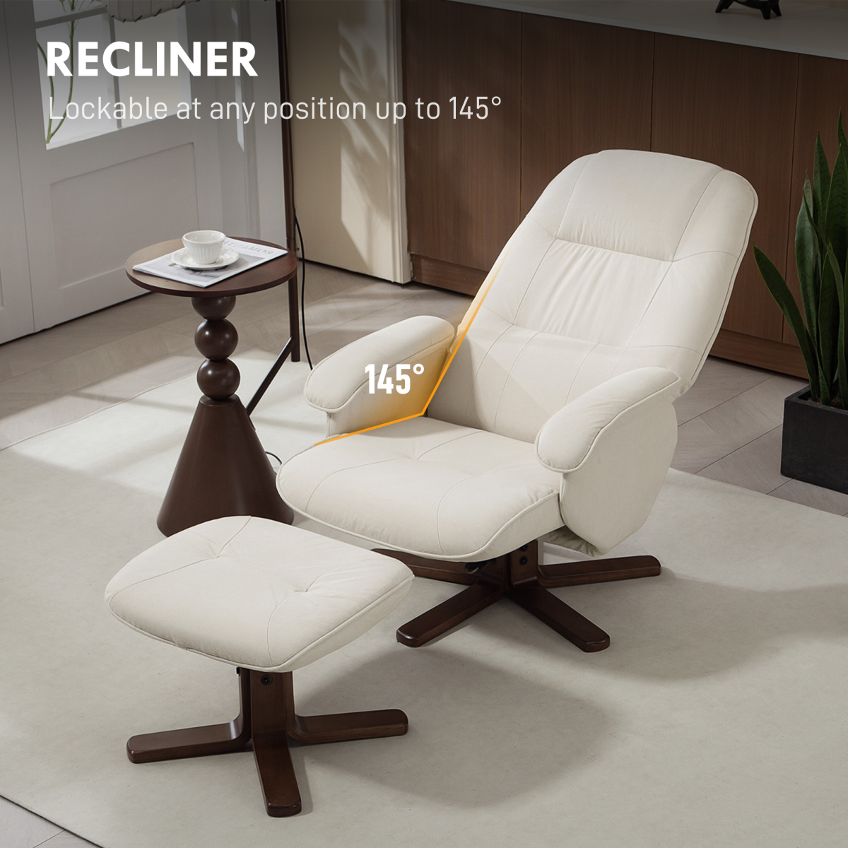 HOMCOM Beige Swivel Recliner Chair with Footstool and Wooden Base