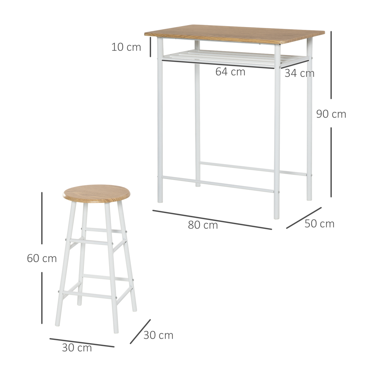 HOMCOM White and Oak 3-Piece Bar Height Dining Set with Table, 2 Stools and Shelf Storage
