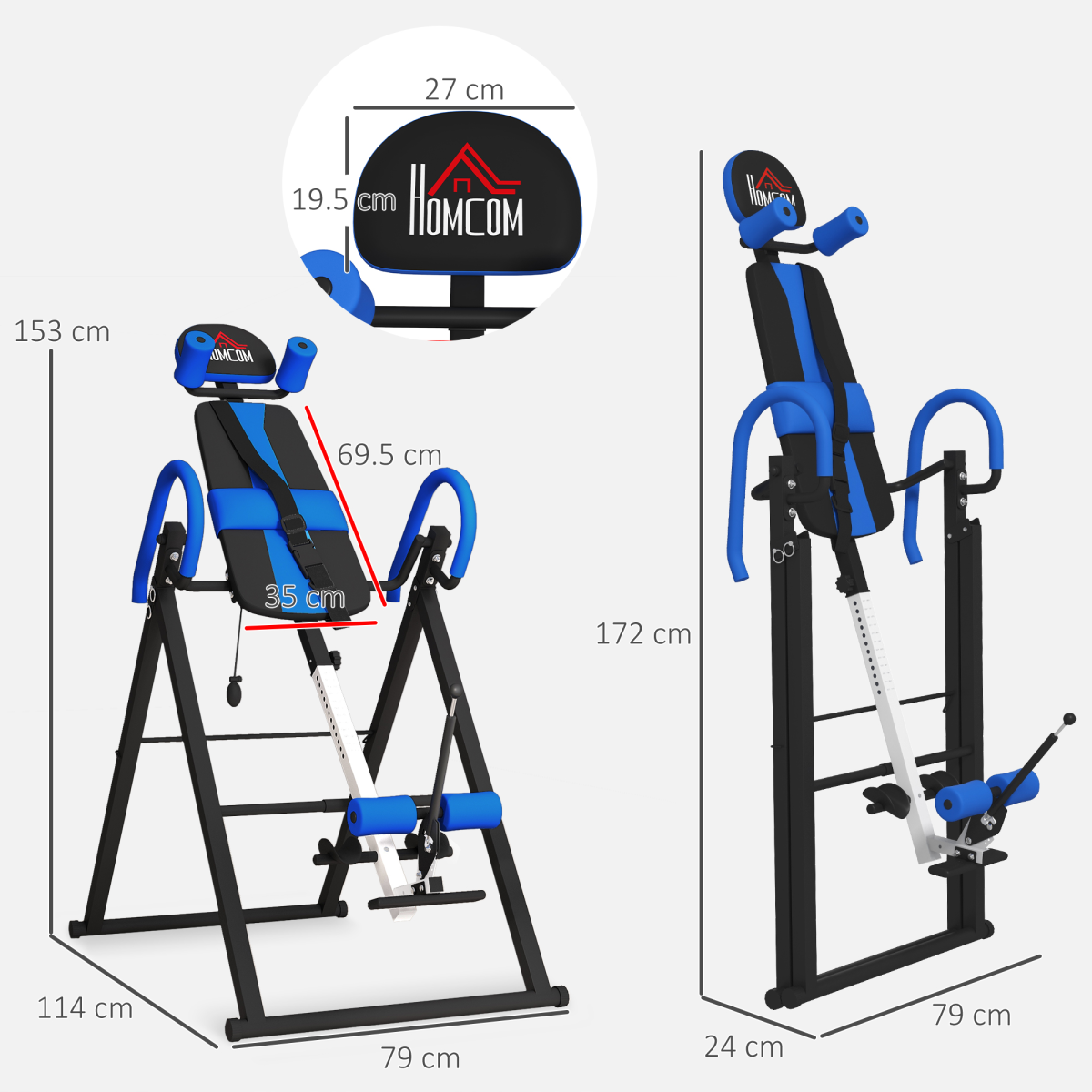 HOMCOM Foldable Adjustable Gravity Inversion Table with Safety Belt, Blue