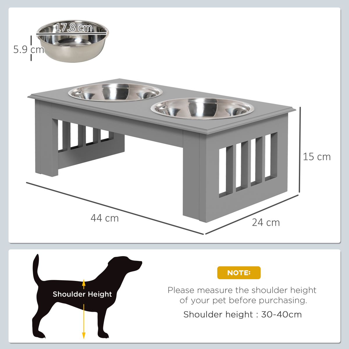PawHut Elevated Dog Bowl Feeder, Stainless Steel Double Bowl, Grey