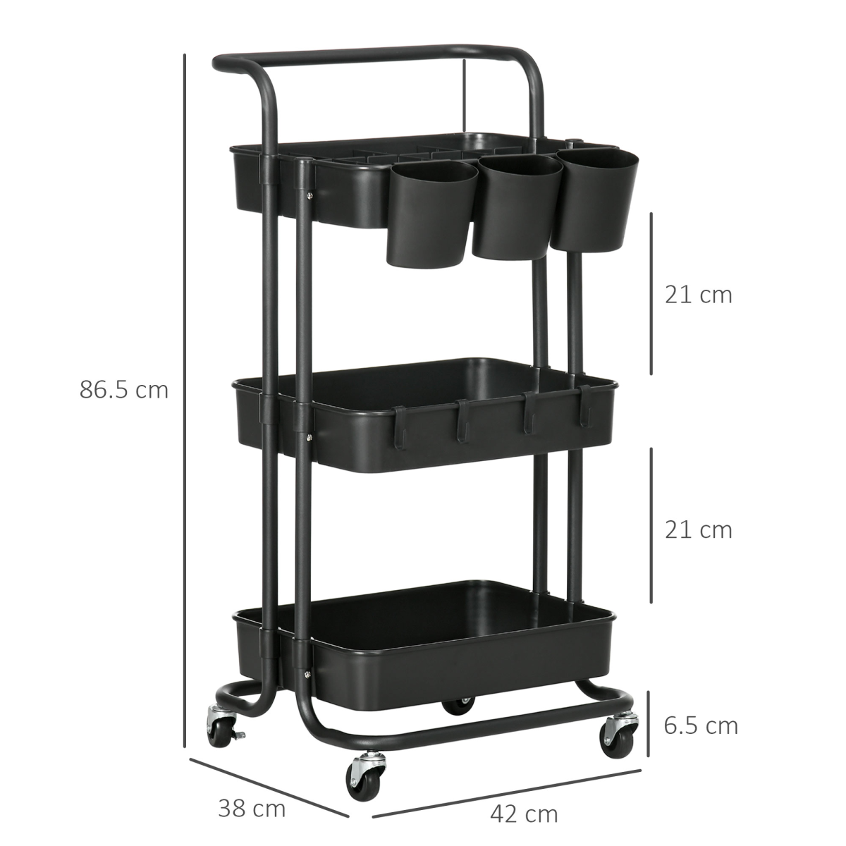 3-Tier Utility Cart Serving Trolley with Mesh Baskets, Removable Boxes, Black, Wheeled Storage Cart