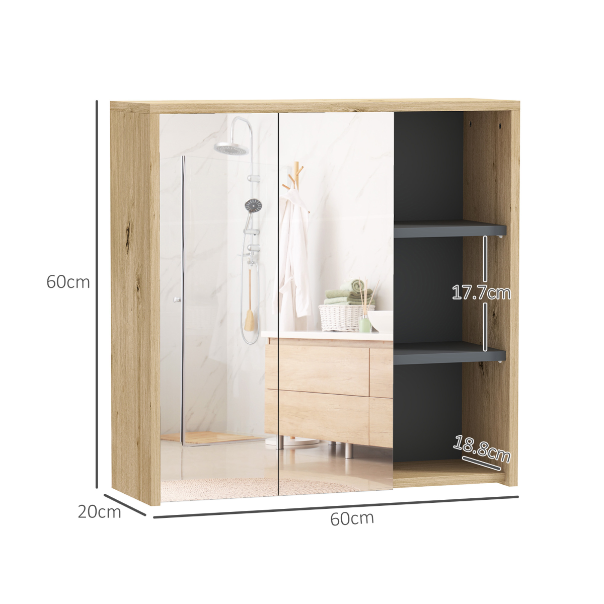 HOMCOM Wall Mounted Bathroom Mirror Cabinet with 5 Shelves, Natural