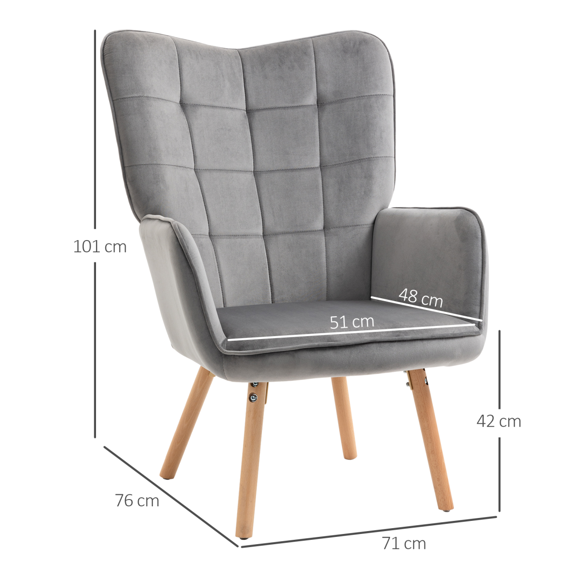 HOMCOM Modern Grey Velvet-Touch Tufted Wingback Accent Chair with Wooden Legs