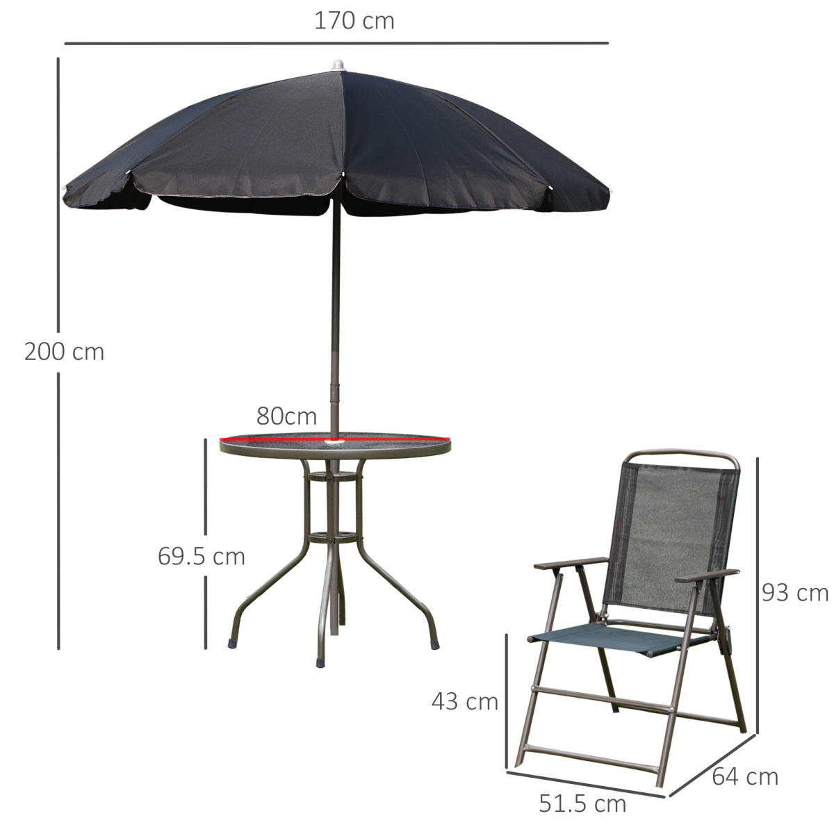 Outsunny 6-Piece Black Outdoor Bistro Set with Round Table, 4 Foldable Texteline Chairs and Parasol