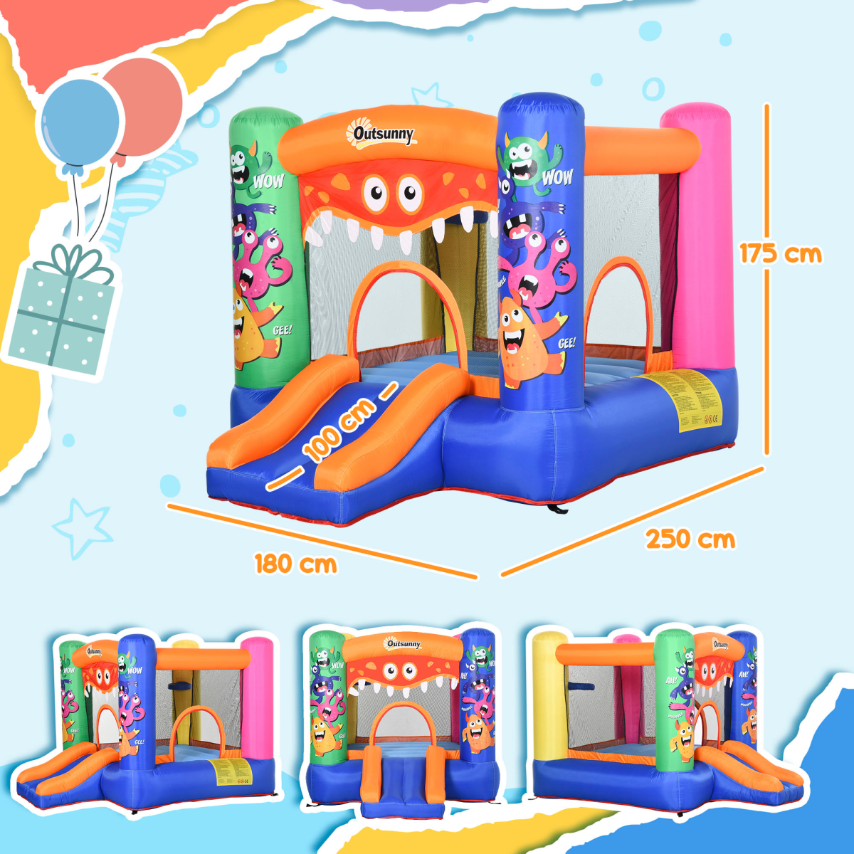 Monster Design Bouncy Castle with Slide, Trampoline & Basket