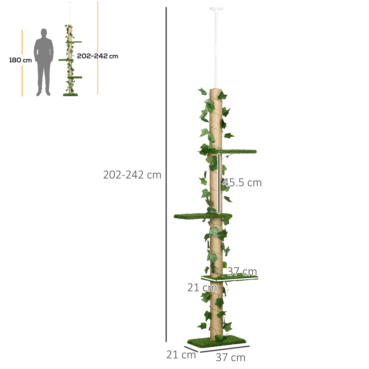 202-242cm Adjustable Floor-to-Ceiling Cat Tree, Green, Anti-Slip Kit