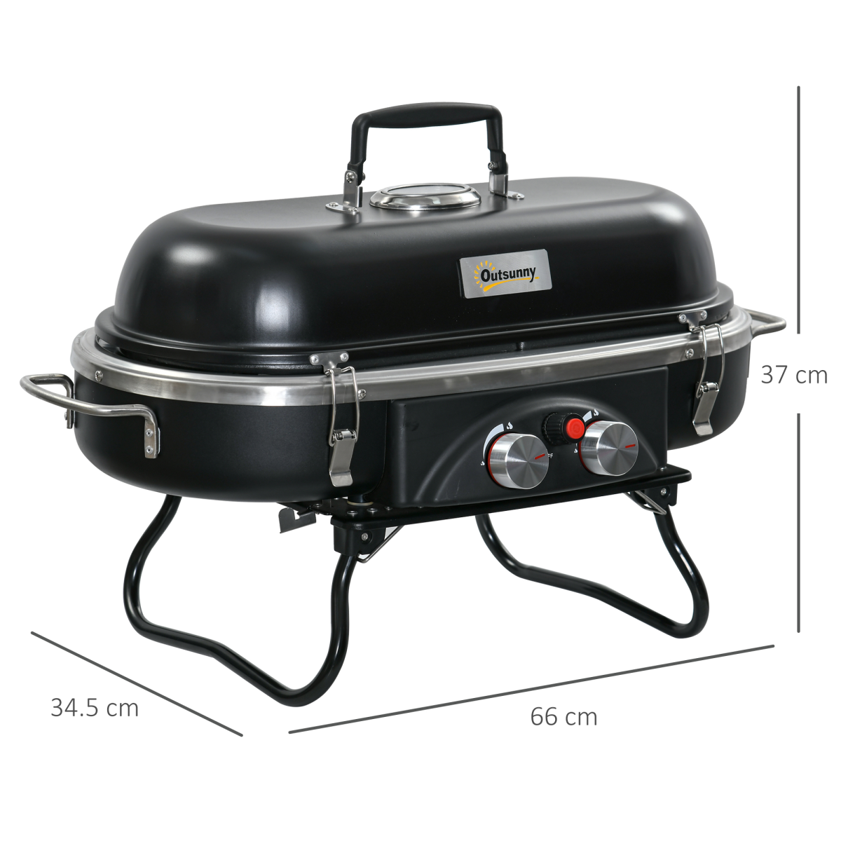 Outsunny Gas BBQ Grill, 2 Burner Tabletop BBQ with Lockable Lid, Thermometer, Piezo Ignition, Foldable Legs