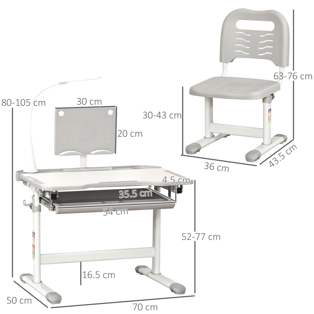 Kids Study Desk and Chair Set w/ USB Lamp, Adjustable Height - Grey