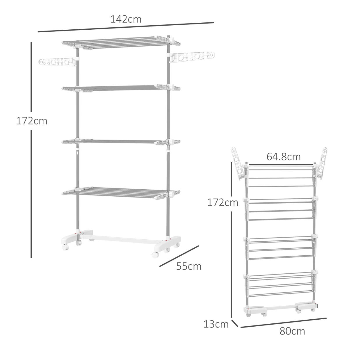 HOMCOM 4-Layer Folding Clothes Hanger Stand with Wheels, Adjustable Height, Foldable Indoor Clothes Rack