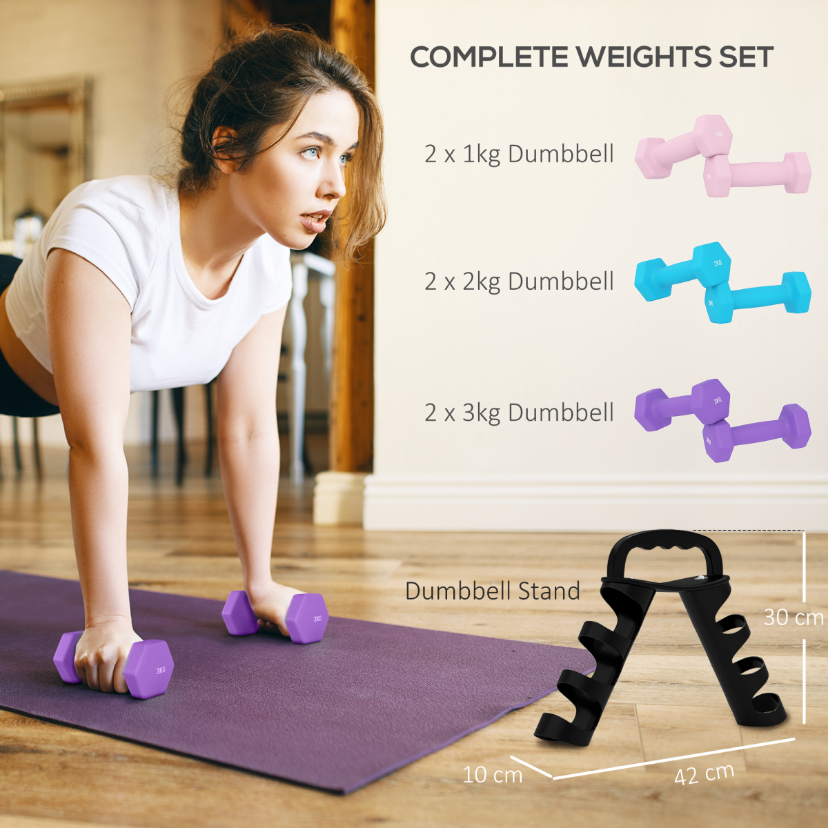 SPORTNOW 6-Piece Dumbbell Set with Storage Rack, 1kg-3kg, Pink