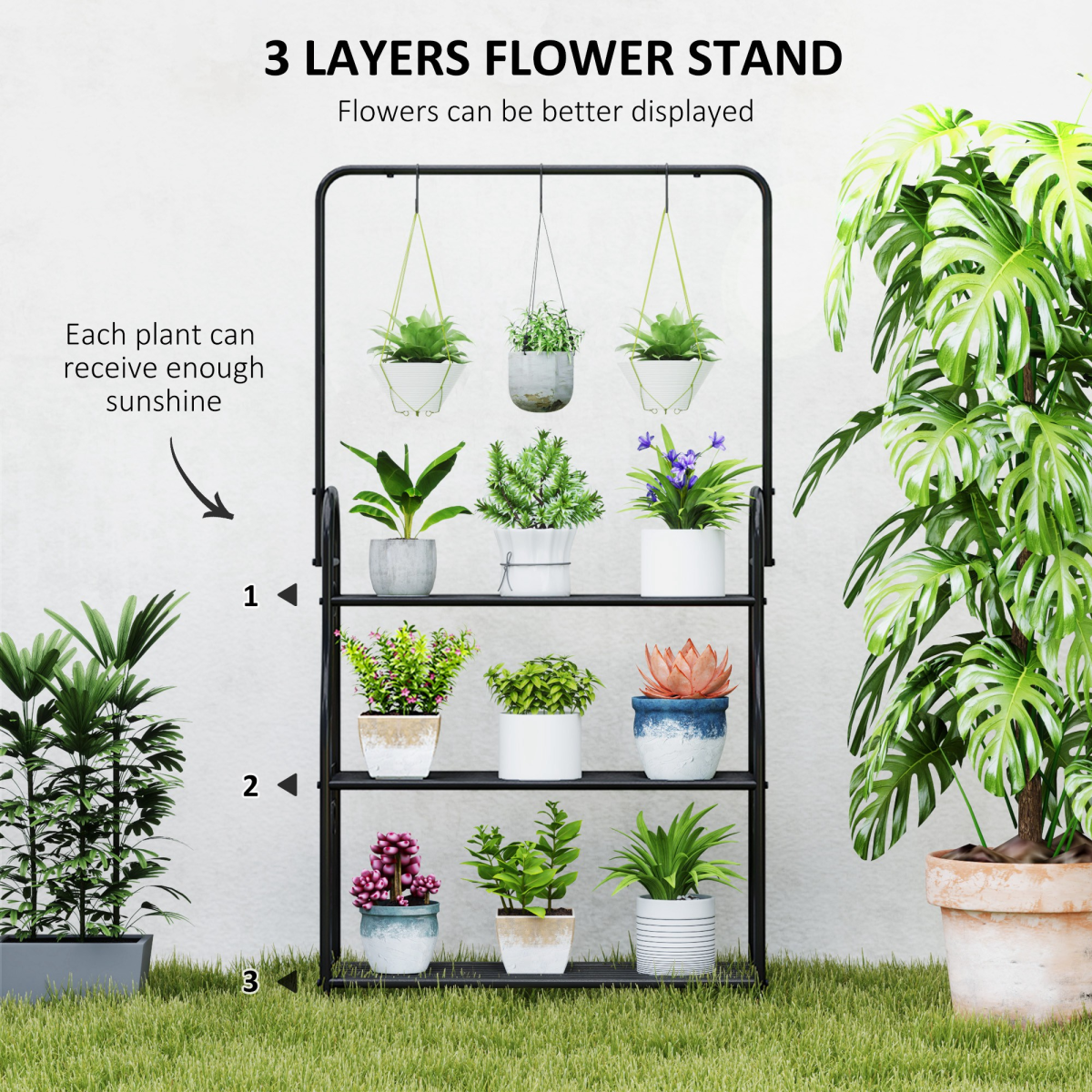 Outsunny 3-Tier Black Metal Plant Stand with Hanging Hooks