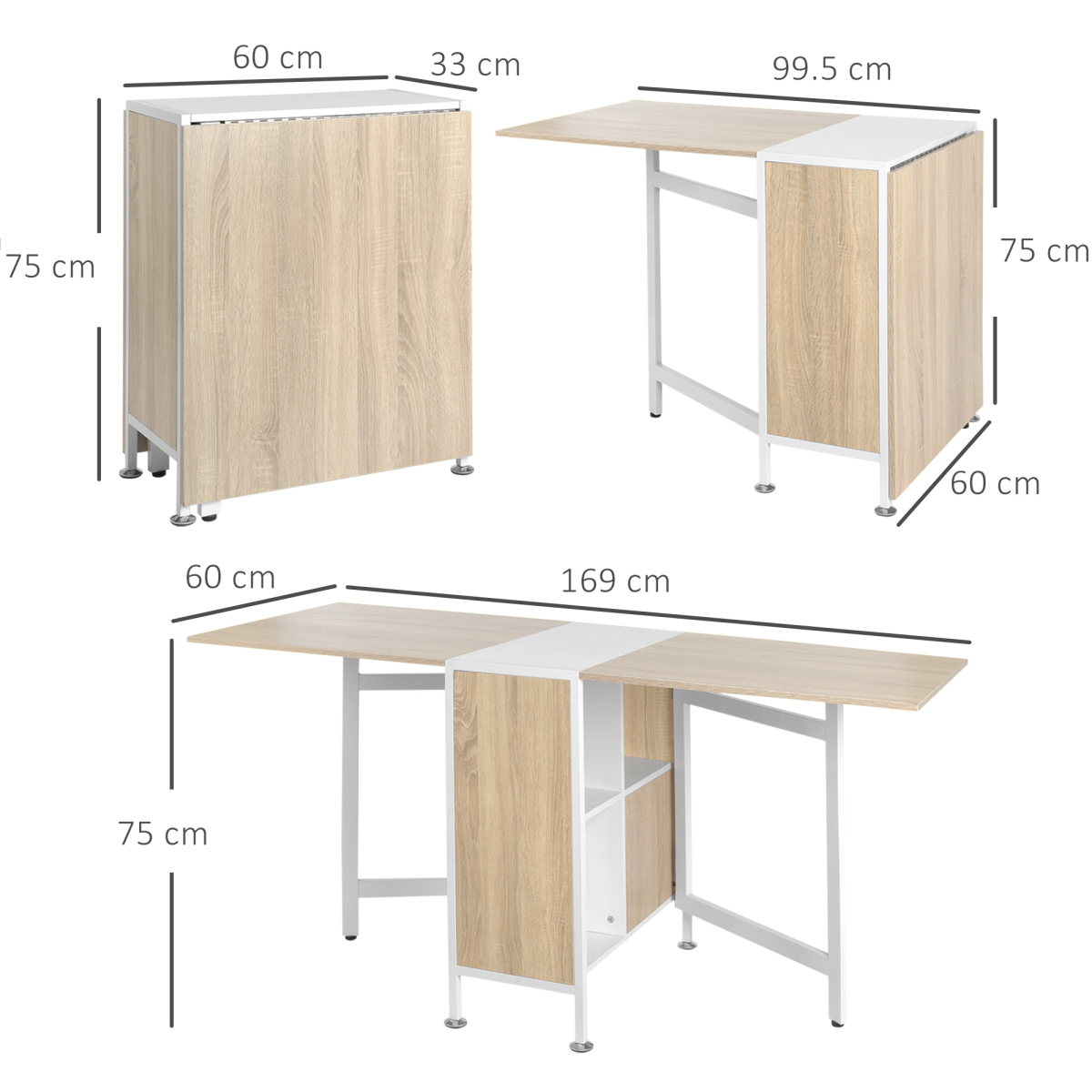 HOMCOM Folding Drop-Leaf Table Desk with Storage Shelf, Oak and White, Home Office