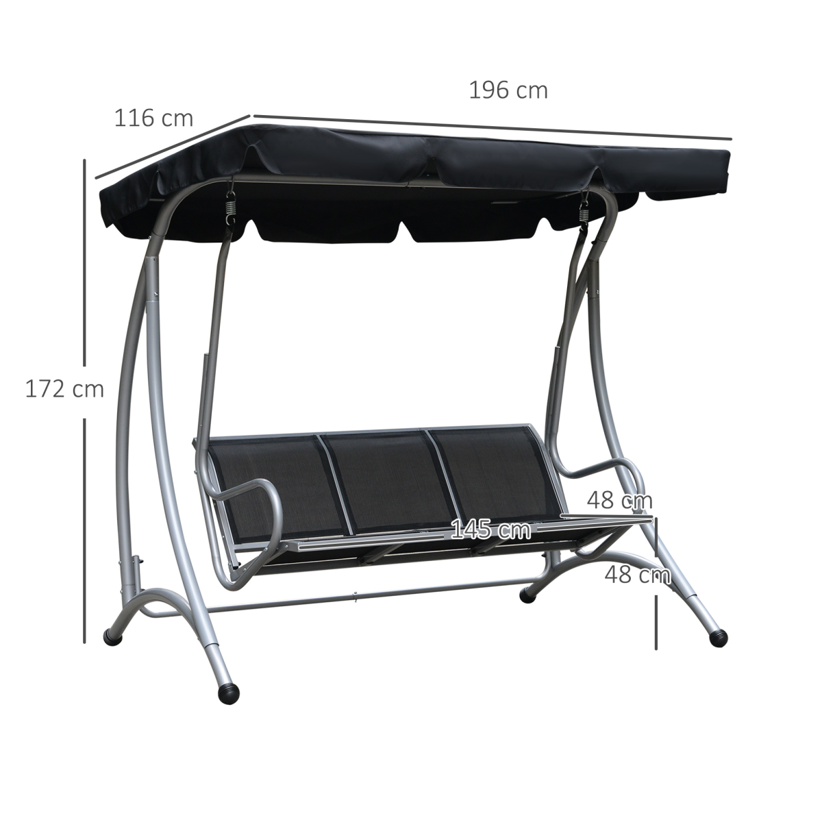 Outsunny 3-Person Steel Outdoor Swing Chair with Adjustable Canopy, Black Mesh Seat