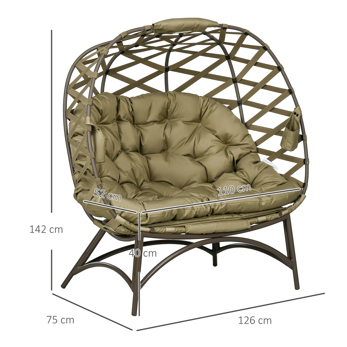 Outsunny 2-Seater Outdoor Egg Chair with Cushion and Cup Pockets, Khaki