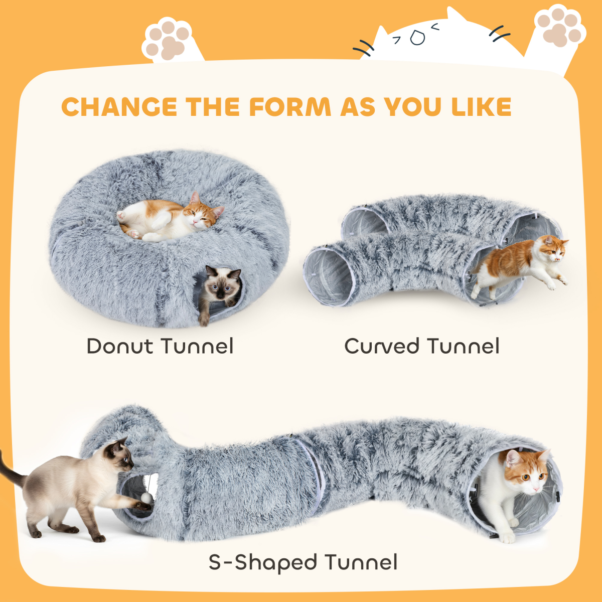 PawHut Foldable Donut Cat Tunnel Bed with Washable Cushion, Light Grey