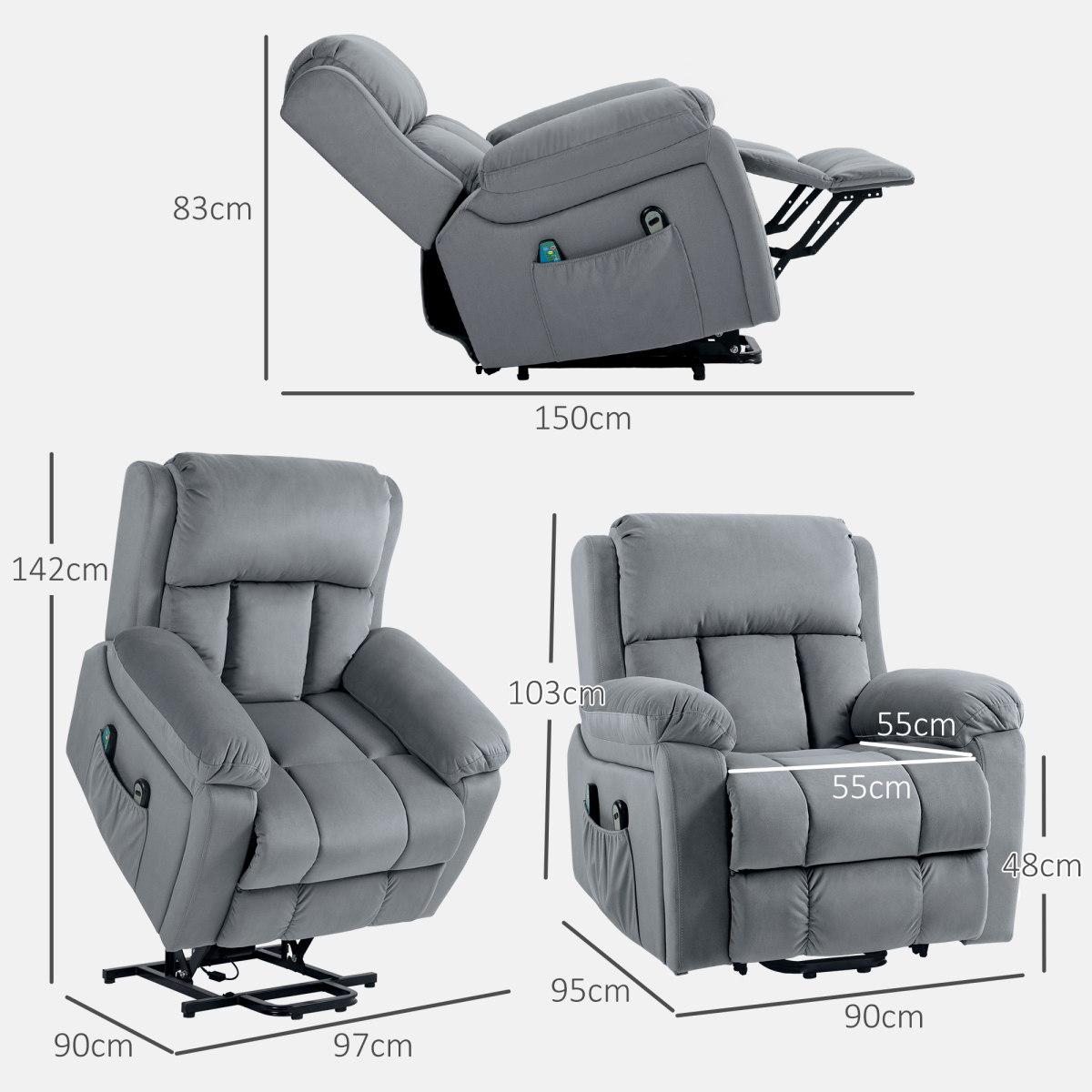 HOMCOM Grey Electric Lift Riser Recliner Chair with Massage & Heat