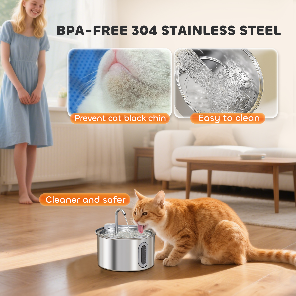 PawHut 2.5L Stainless Steel Cat Water Fountain, Ultra-Silent
