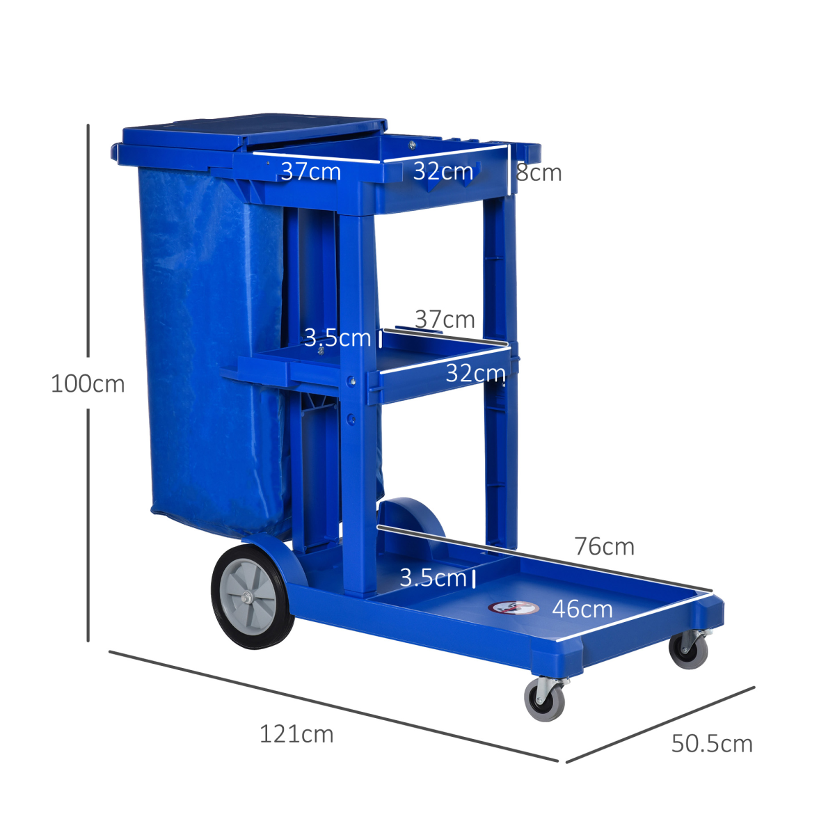 HOMCOM Cleaning Cart on Wheels with 3-Tier Storage, Blue