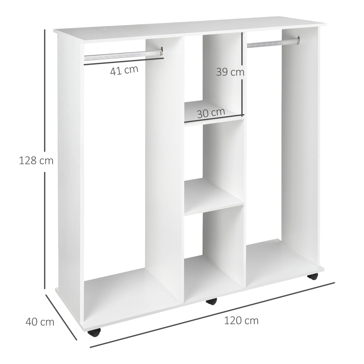 HOMCOM Mobile Double Open Wardrobe with 2 Rails, 3-Tier Cubes, White