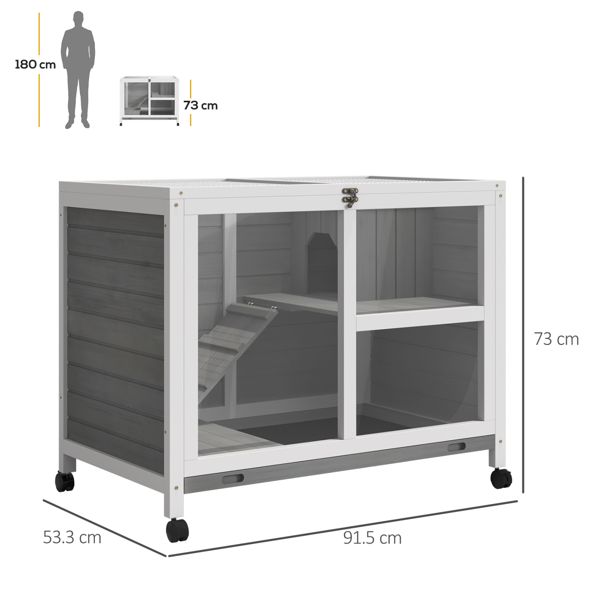 Indoor Wooden Rabbit Hutch, 2-Tier Indoor Bunny Cage with Tray, Ramp and Wheels, Grey