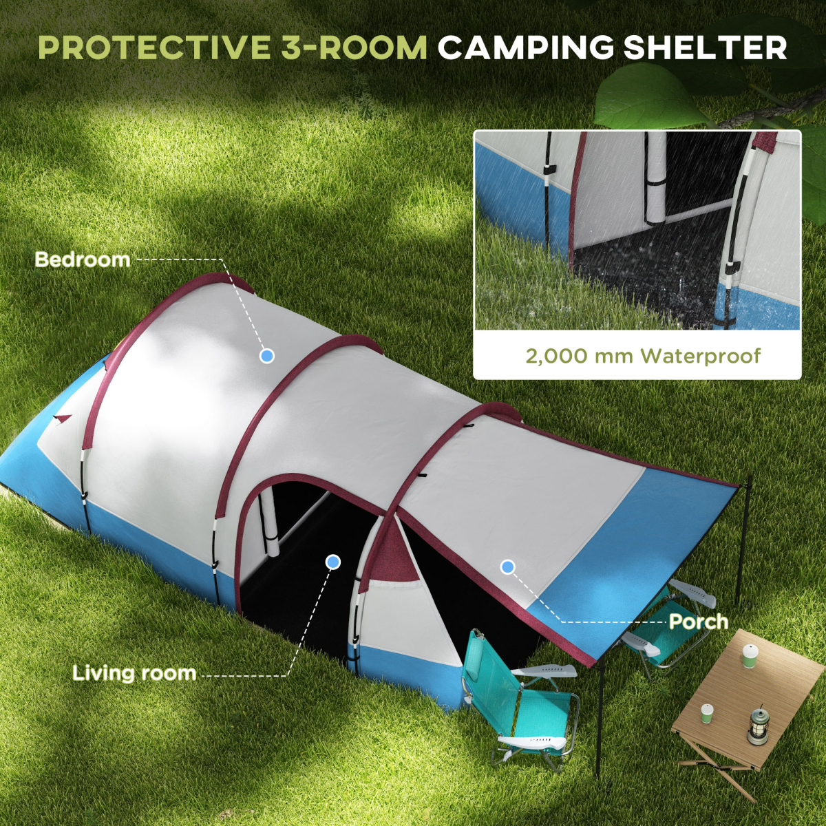 Outsunny 3-Person Camping Tunnel Tent with Bedroom and Living Room, Red