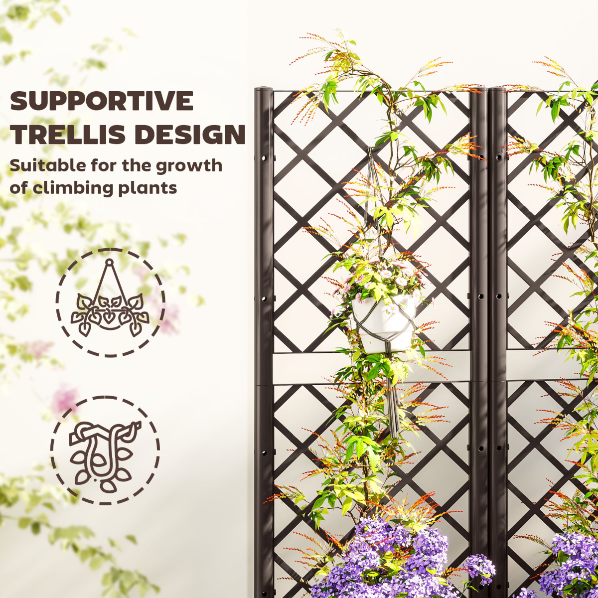 Outsunny Brown PP Planter Box with Trellis and Drain Plugs
