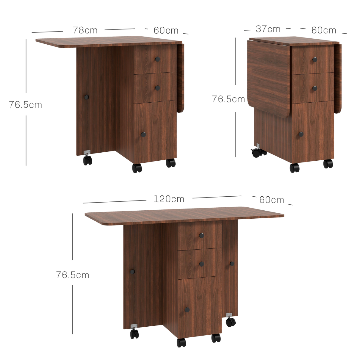 HOMCOM Folding Drop Leaf Dining Table with Drawers, Distressed Brown