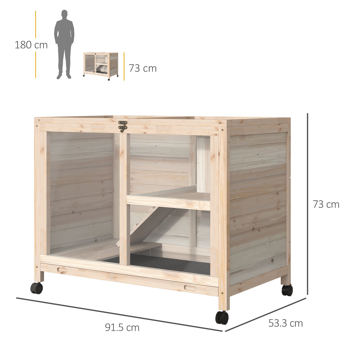 PawHut Indoor Rabbit Hutch for Rabbits, Guinea Pigs and Large Rodents, 2-Tier Wooden Cage with Openable Roof, Large Entrance, Latch Door and Pull-Out Tray, Natural