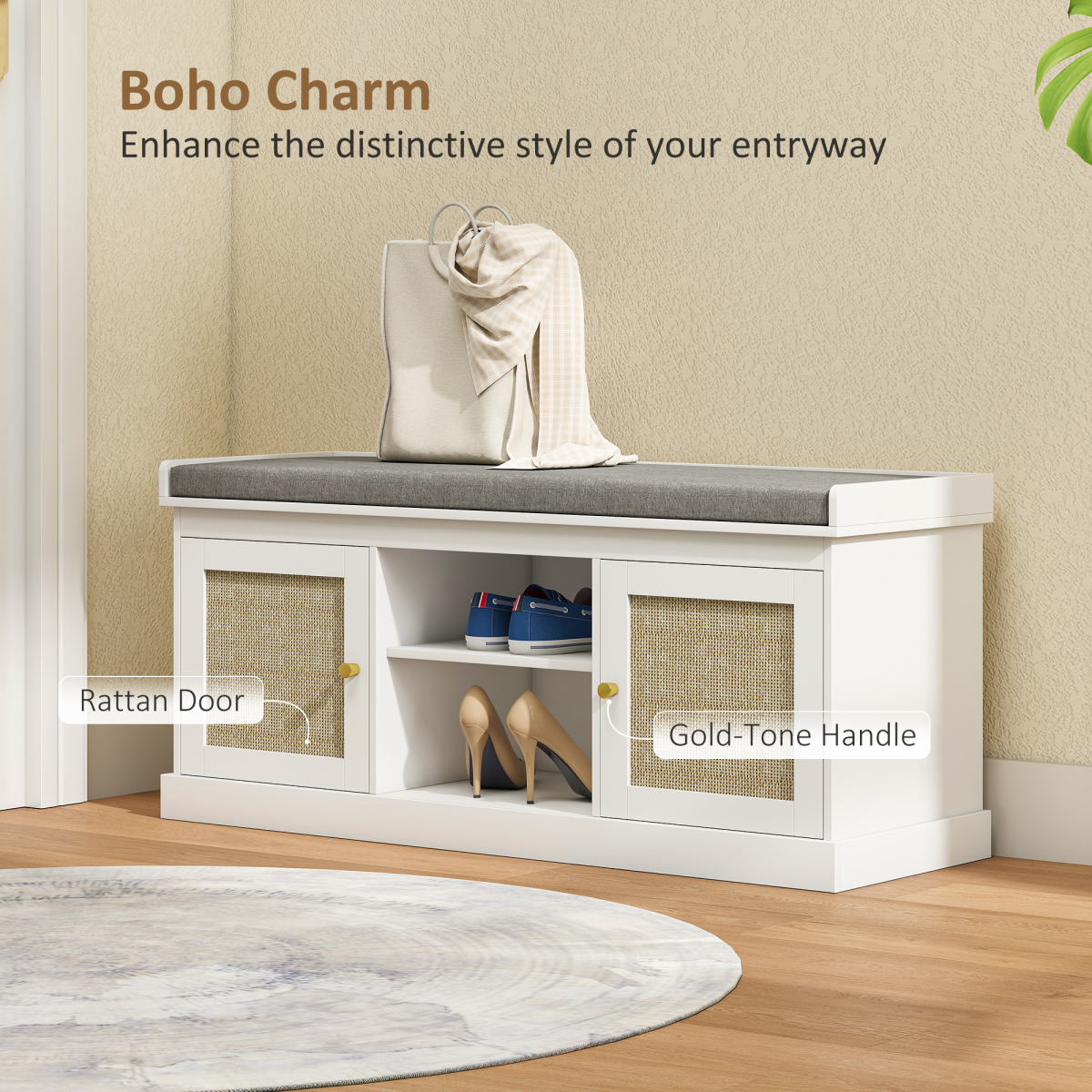 HOMCOM Boho Rattan Shoe Storage Bench with Padded Seat