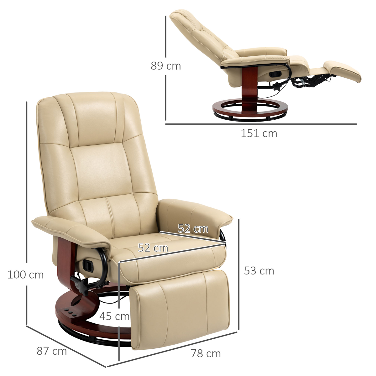 HOMCOM Cream PU Leather Ergonomic Recliner Chair with Footrest