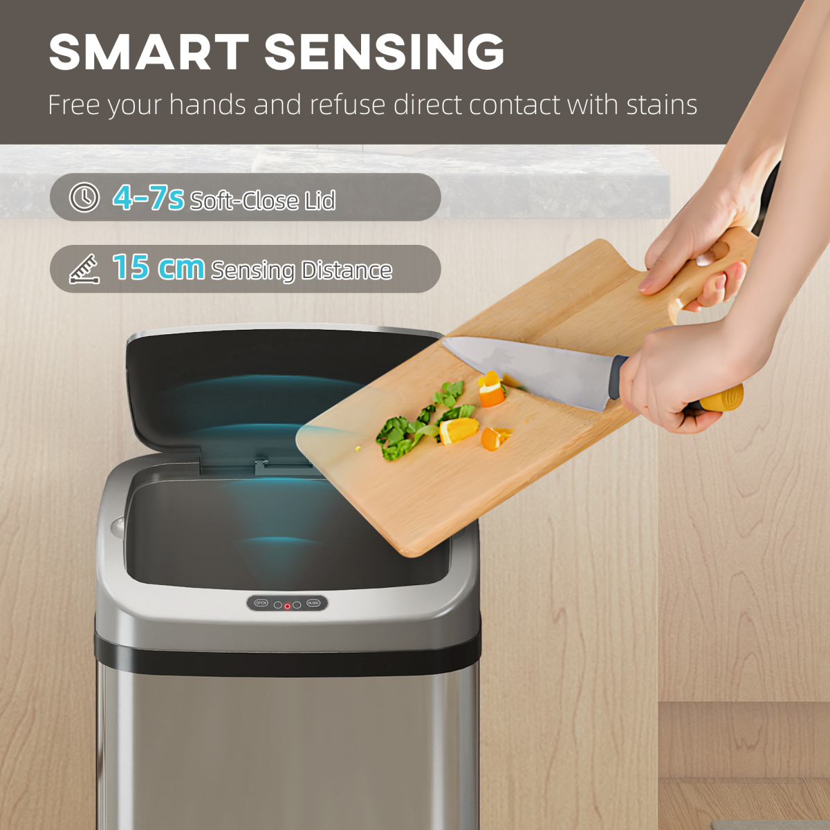 HOMCOM 48L Stainless Steel Sensor Bin, Touch-Free Automatic Lid