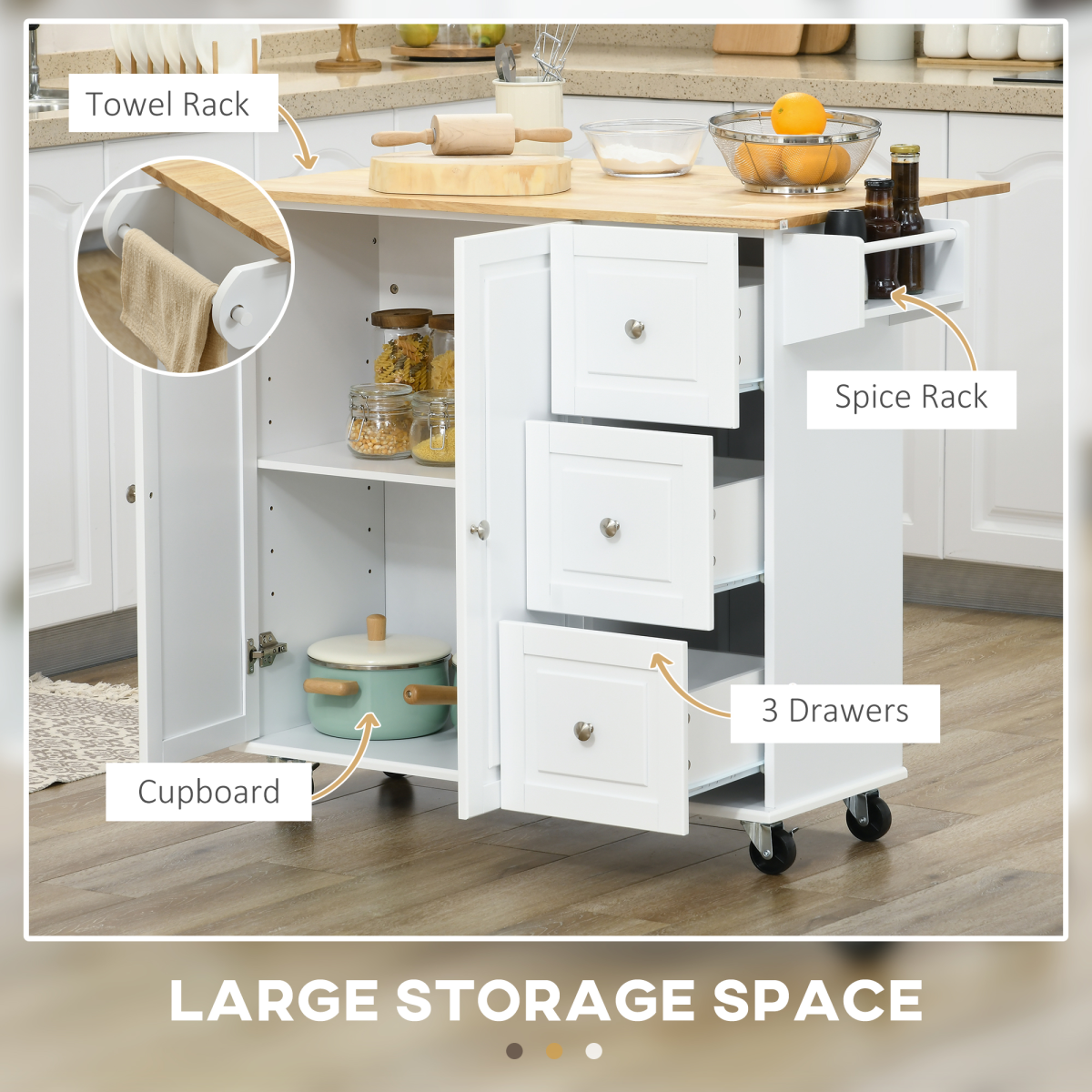 HOMCOM White Kitchen Island Cart with Drop Leaf, Wheels & Storage