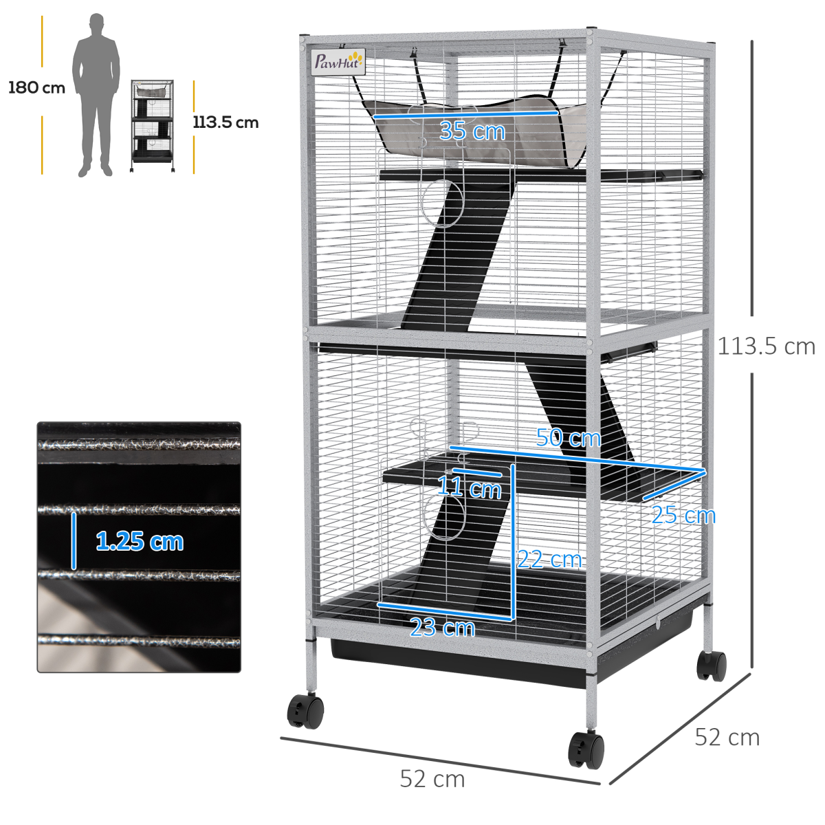 PawHut Rolling Small Animal Cage for Chinchillas, Ferrets and Kittens, Grey
