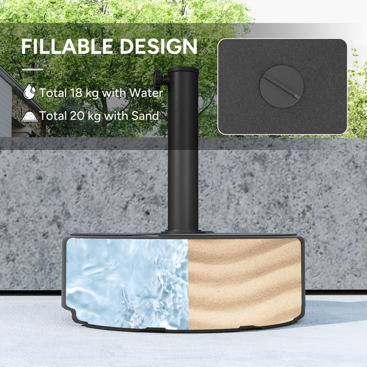 Outsunny Round Garden Parasol Base, Sand or Water Fillable Stand for 38 mm and 48 mm Poles, Black