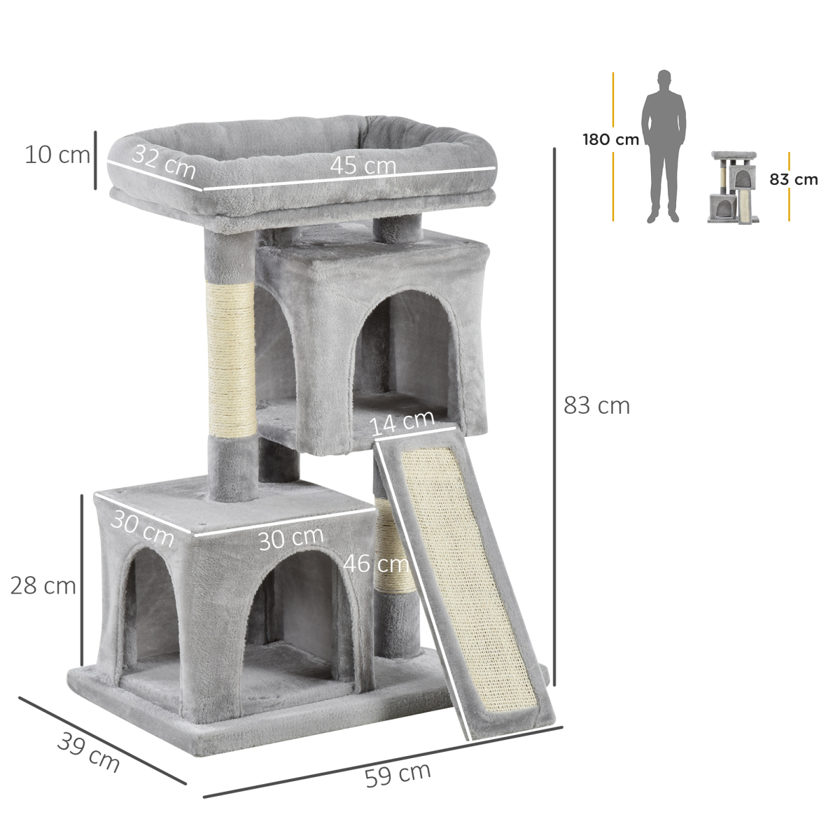 PawHut Cat Activity Tree with 2 Houses, Cushioned Top Perch, Sisal Scratching Posts, Grey