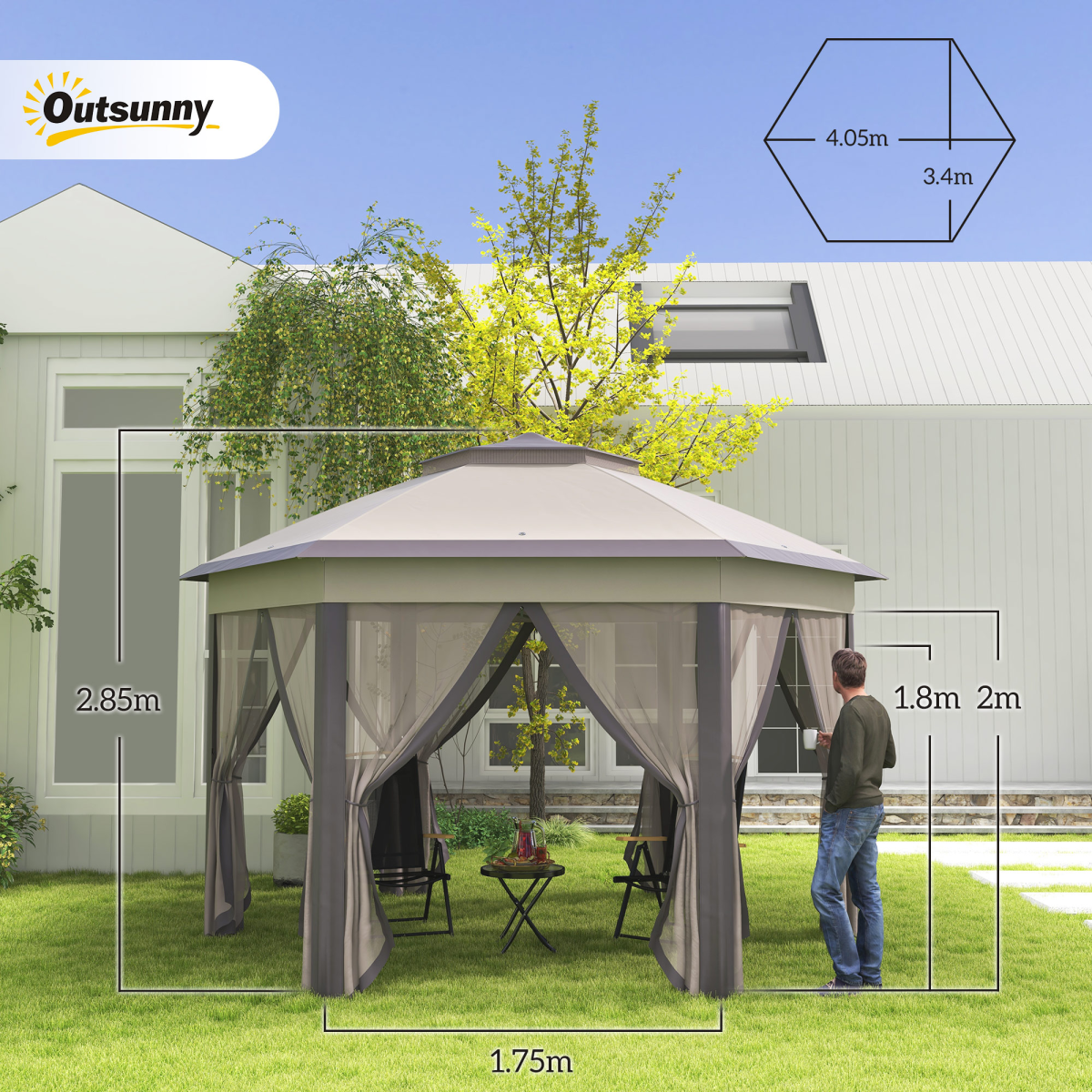 Outsunny 4.05m Metal Frame Mesh Curtain Gazebo with 2-Tier Roof Brown