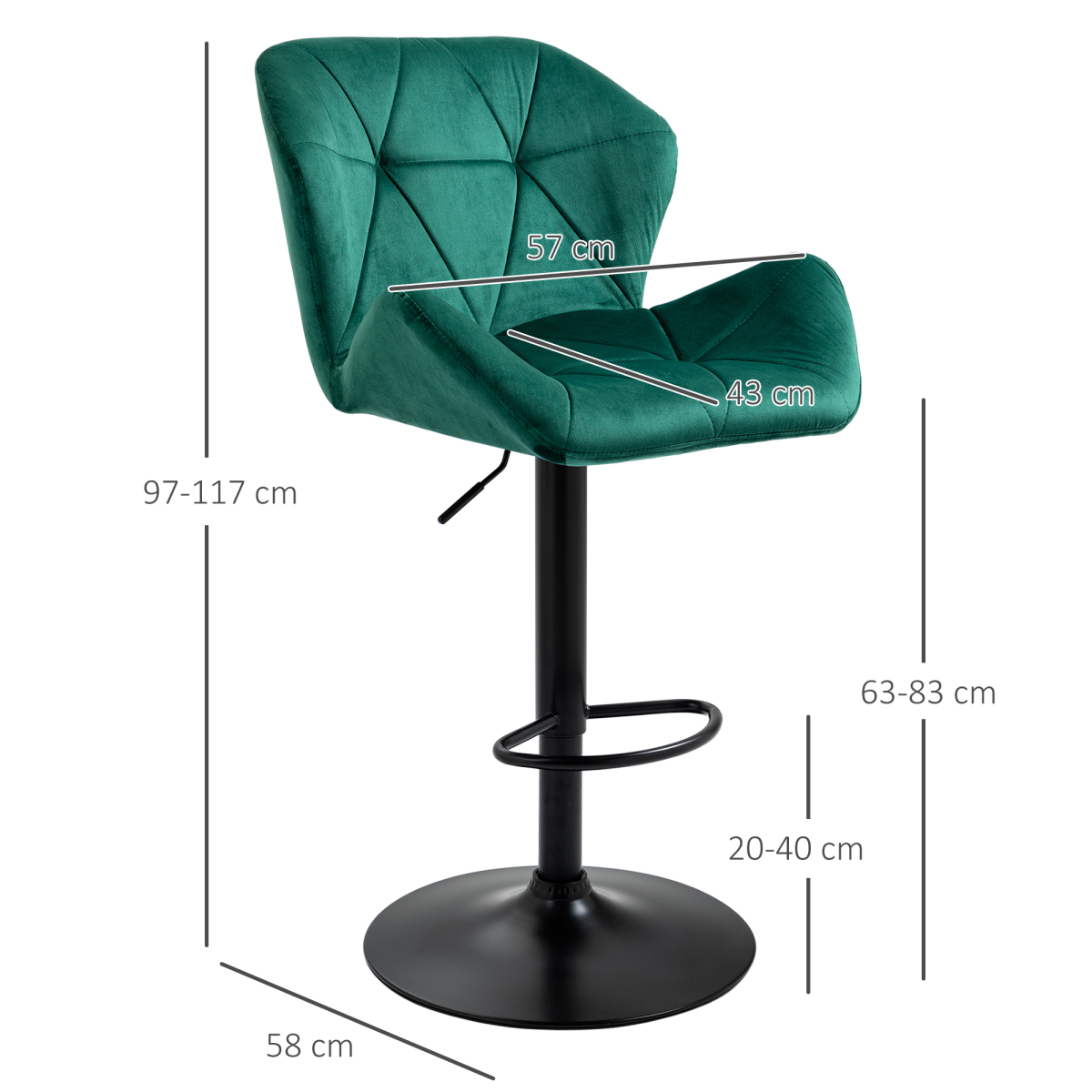 HOMCOM Set of 2 Adjustable Velvet Bar Stools with Footrest, Green