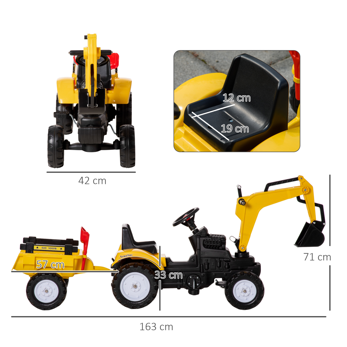 Ride-On Pedal Digger Construction Toy with Horn, Detachable Trailer and Shovel for Kids 3-6 Years