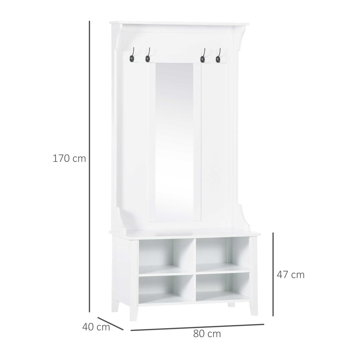 HOMCOM 3-in-1 Mirrored Shoe Cabinet with 4 Coat Hooks, Top Shelf, 4 Shoe Storage Cubes, White, 80 x 40 x 170 cm