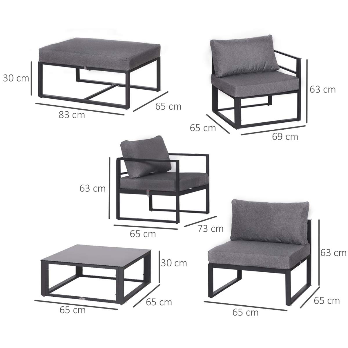 6 Piece Garden Sectional Sofa Set with Coffee Table and Footstool, Aluminium Frame, Outsunny