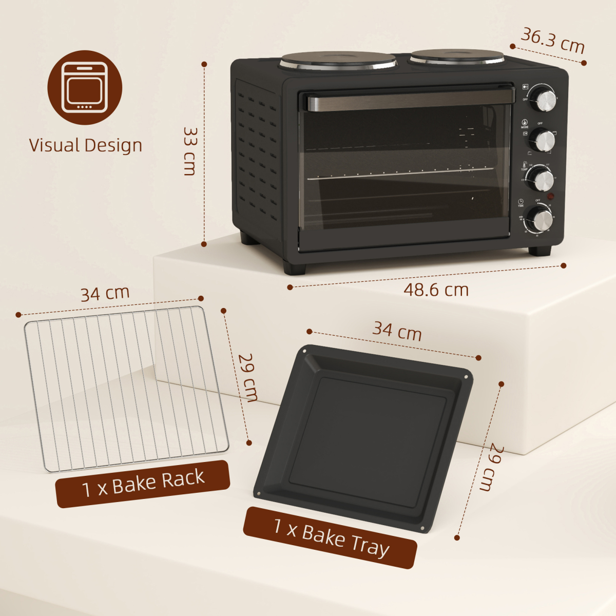 HOMCOM 28L Countertop Oven with 2 Hot Plates, Grill, Roast & Bake