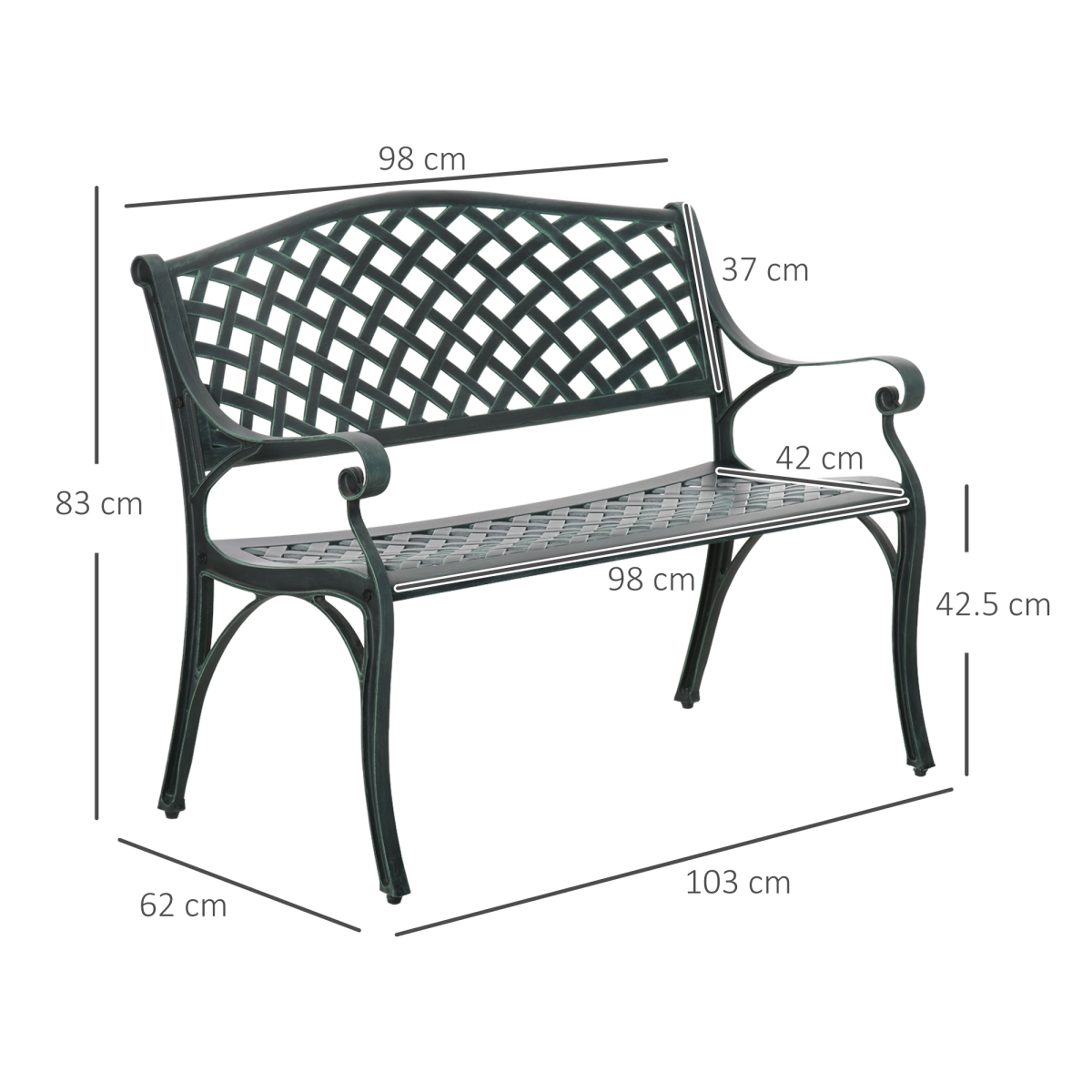 Outsunny Cast Aluminium 2 Seater Garden Bench with Armrests, Antique Patio Porch Loveseat, Verdigris